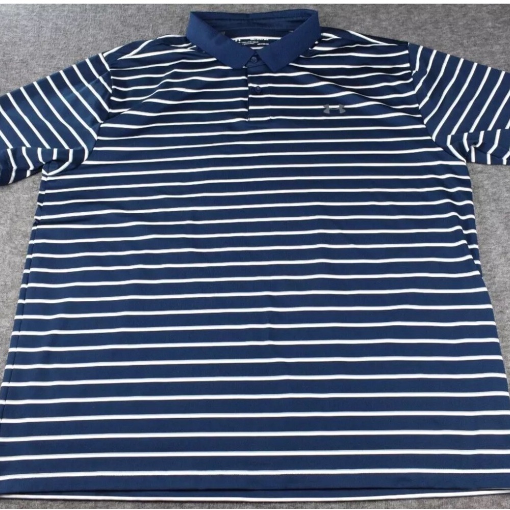 Under Armour Mens Sz XXL HeatGear Polo Blue Striped Performance Golf Shirt Loose